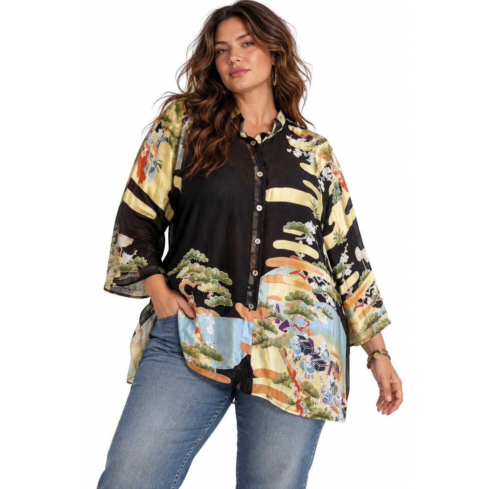 Citron Santa Monica Burnout Tunic Top 2X Silk Blend Devore Asian Boho Chic Luxe